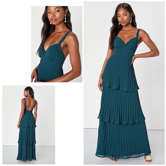 Lulus Luxe Perfection Dress Women's XL Emerald Green Maxi Pleated Tiered NWT - Picture 1 of 13